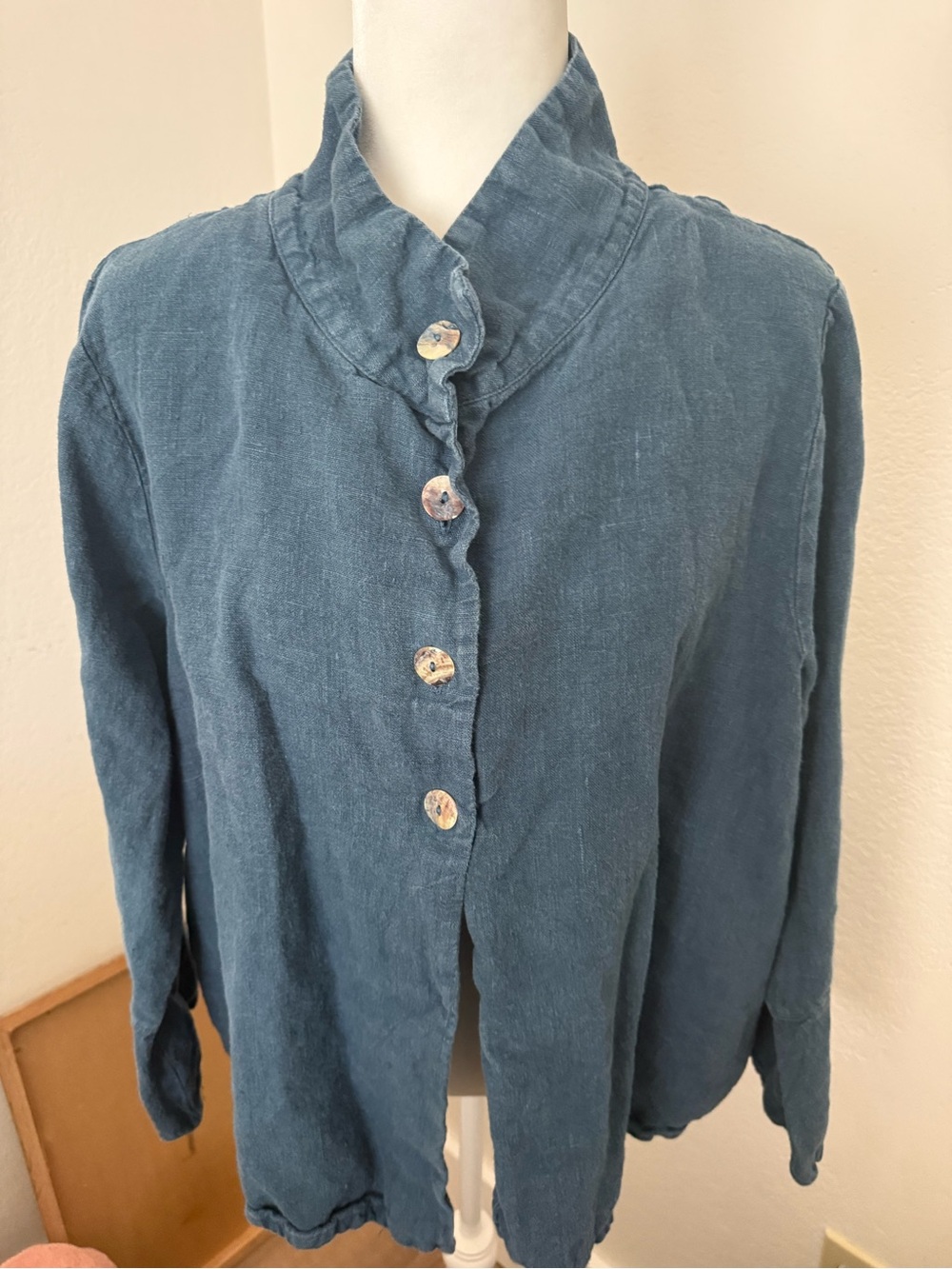 bryn Walker Teal-Blue Button Front Linen jacket